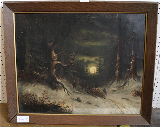 Winter scene, moonlight, sleigh, figures, horses oil